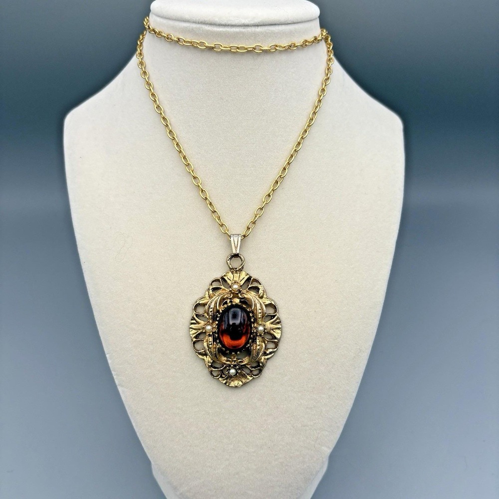 Vintage Victorian Revival Necklace Brown Cabochon Glass and Faux Pearls
